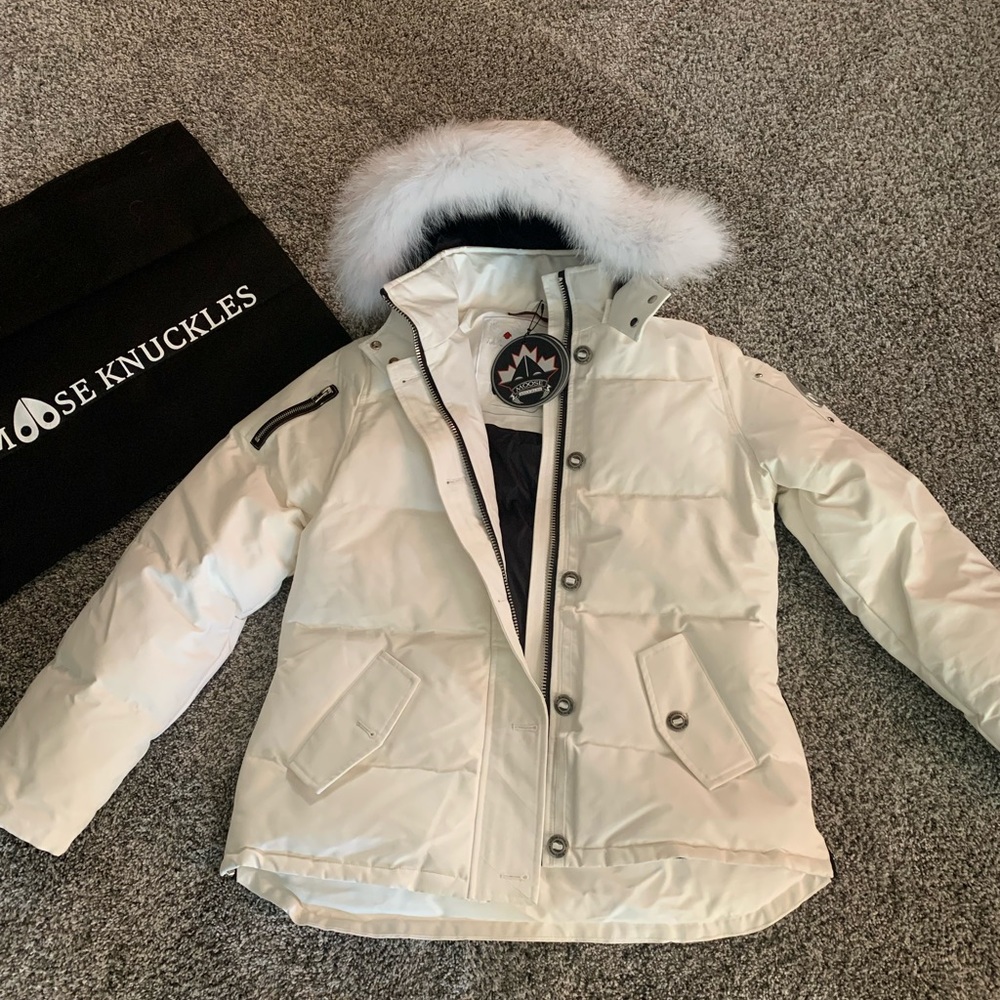 Moose Knuckles parka. White XL. Brand new with tags.